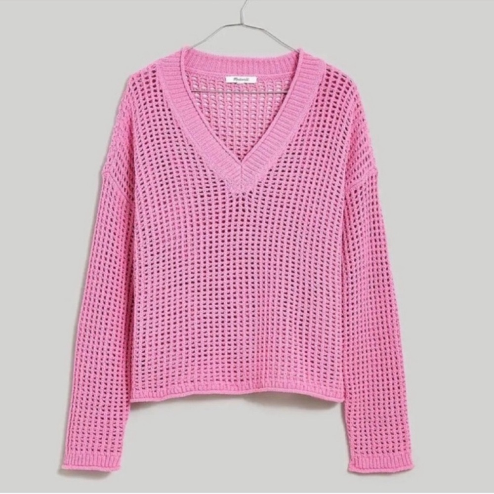 MADEWELL OPEN-STITCH V-NECK PULLOVER SWEATER, SIZE SMALL.